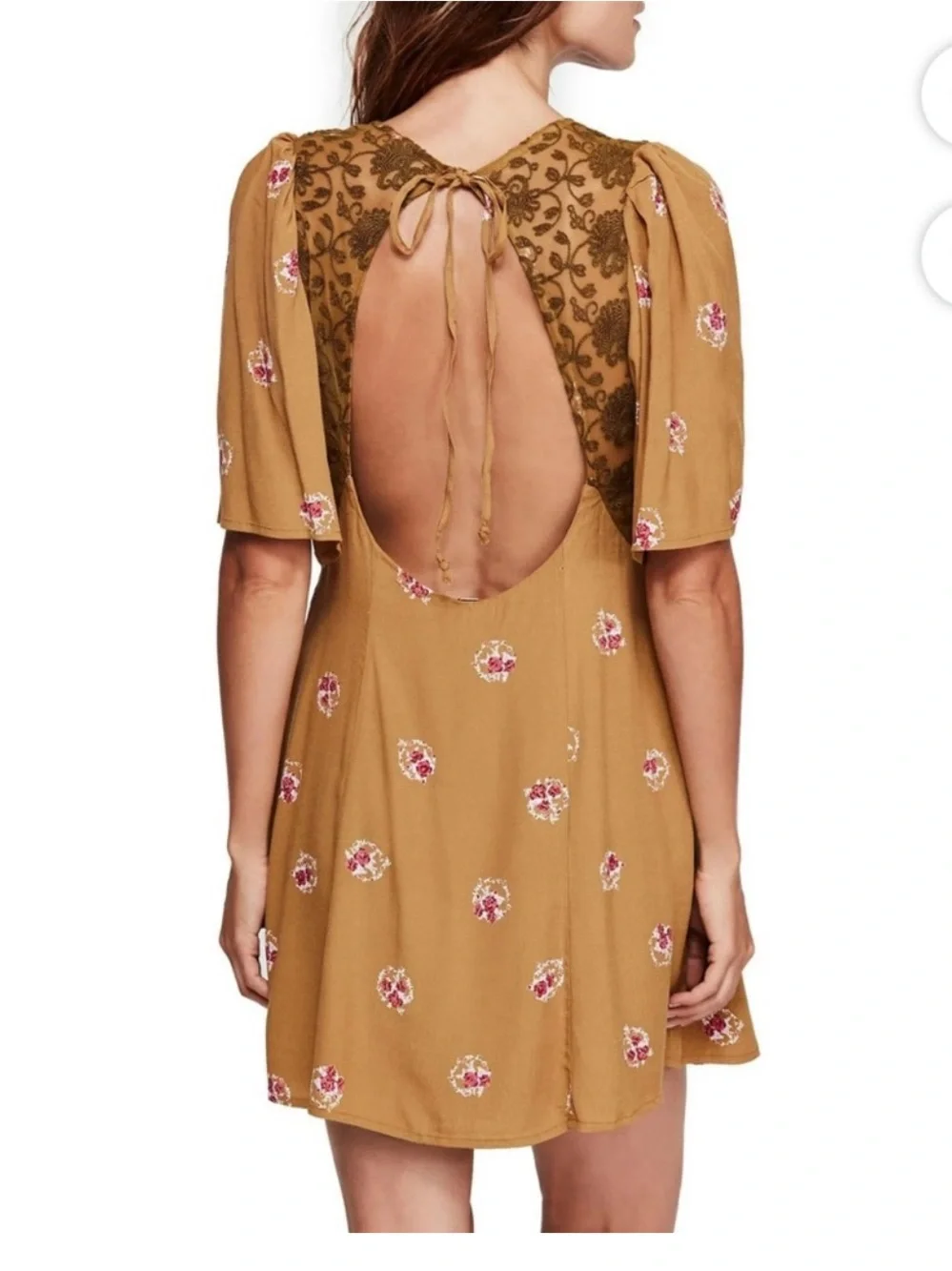 Free People Brown Comb Floral Deep V Mini Dress